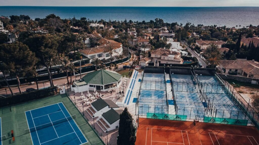 Aerial view of the tennis and padel courts at Los Monteros Racquet Club Marbella