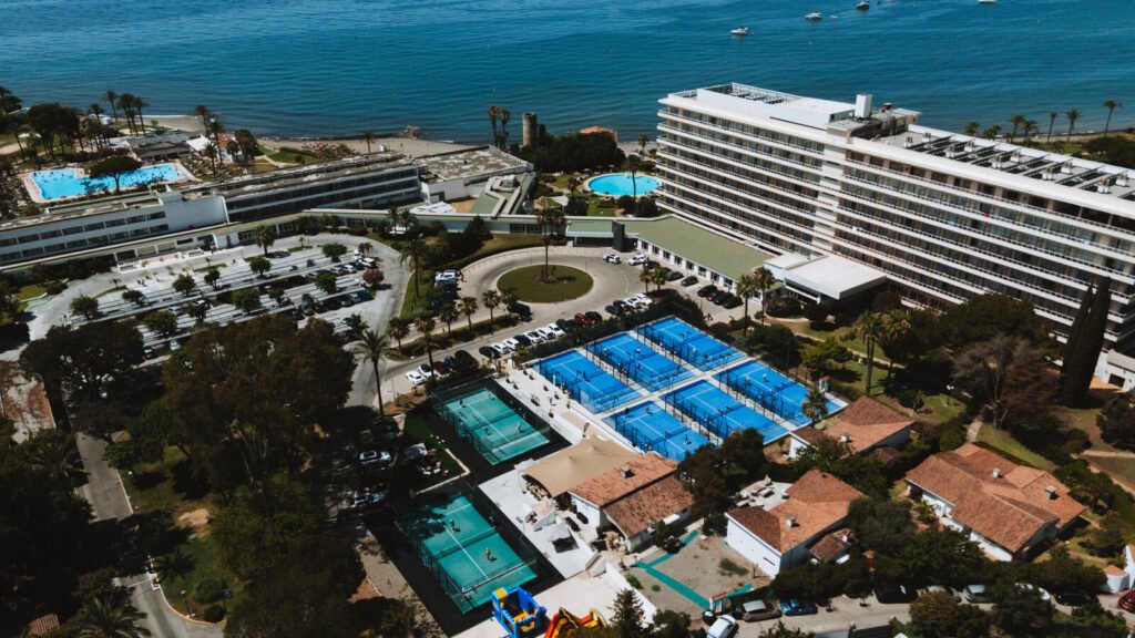 Aerial view of the padel courts at CAP Racket Club in Atalaya, Estepona