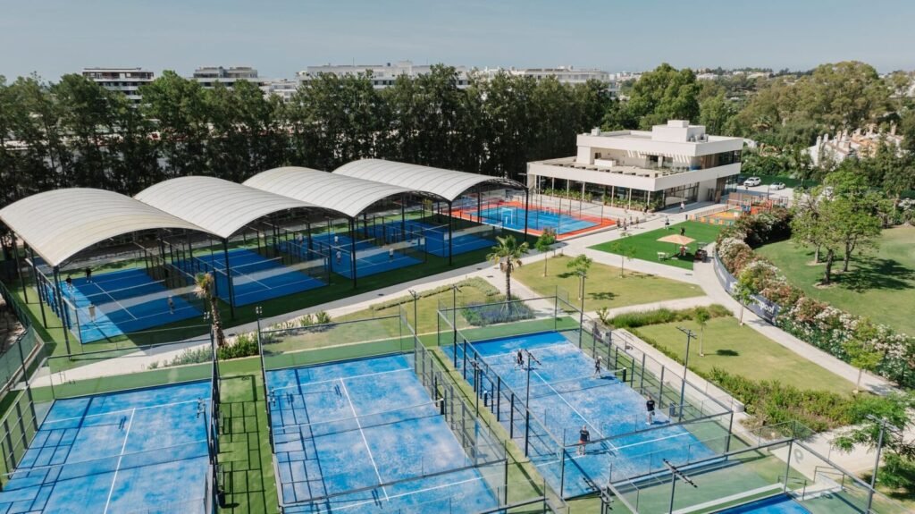 Aerial view of the padel courts at Los Naranjos Padel Club in Nueva Andalucía, Marbella