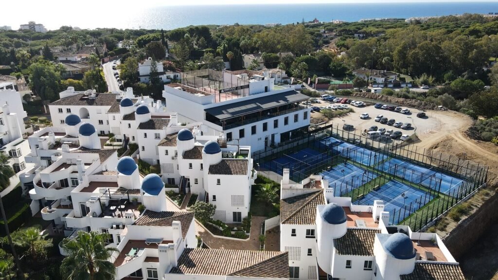 Aerial view of the padel courts at Oxygen Sports Club in Sitio de Calahonda