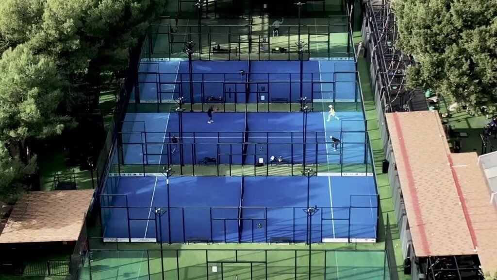 Aerial view of the six padel courts at Real Club Padel Marbella in Nueva Andalucía